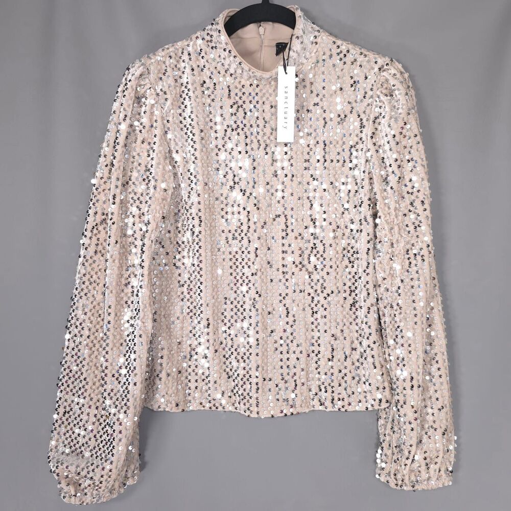 ANTHROPOLOGIE SANCTUARY New Womens Sequin Blouse MEDIUM Crop Top Beige CB2028BG8